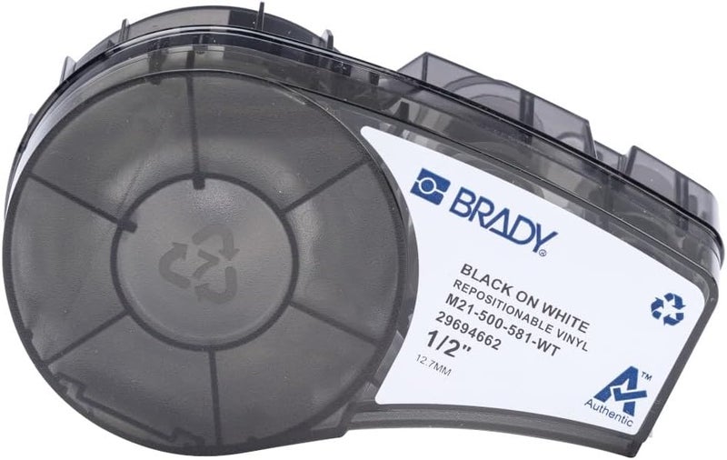 Authentic (M21-500-581-WT) Repositionable Vinyl Labels for Equipment, Facility ID, Floor Marking, Lab, Lean/5S, Pipe/Valve, Black on White -Designed for M210, M210-LAB, M211 Printers, 0.5"Wx21'L